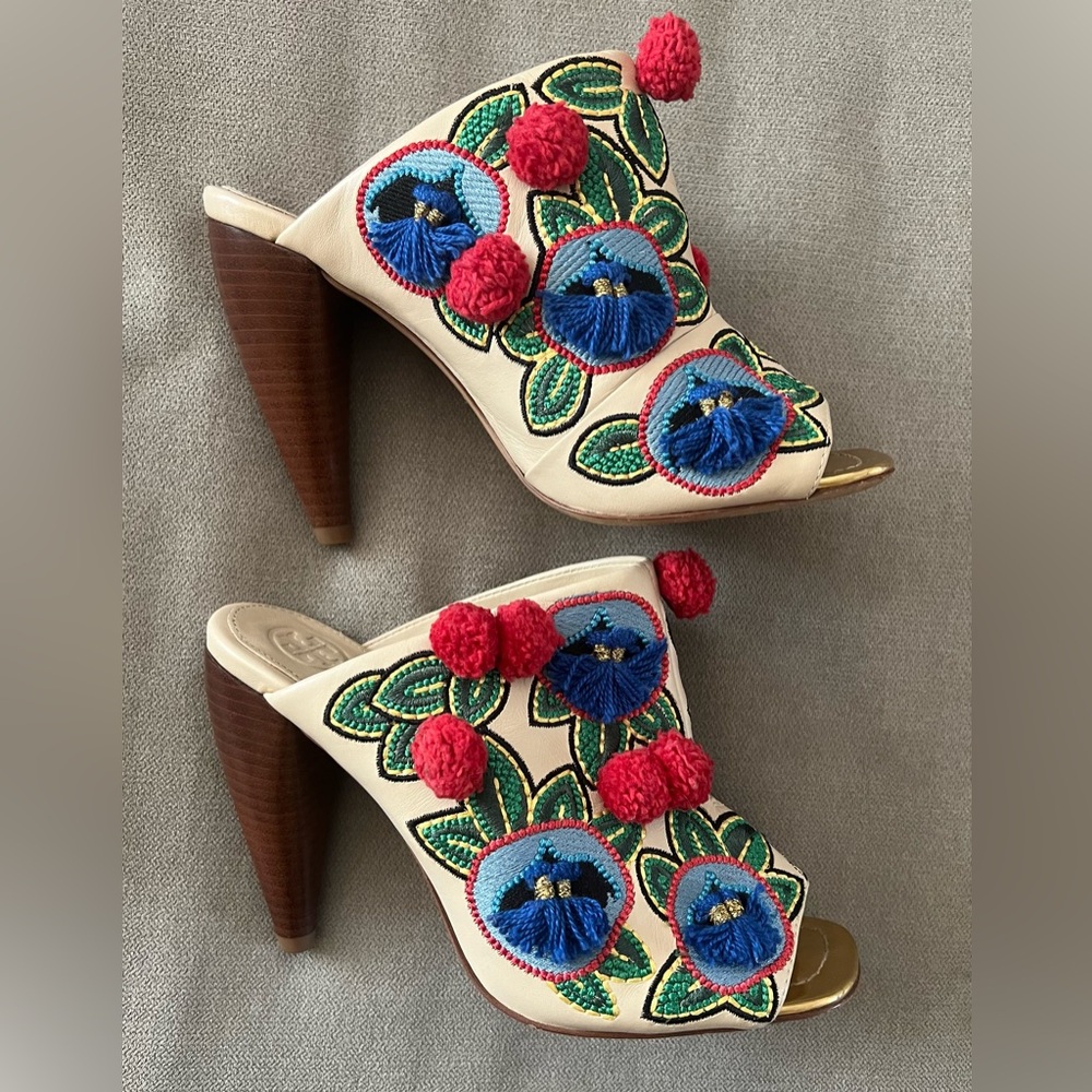 Tory Burch Ellis Embroidered Leather Mules